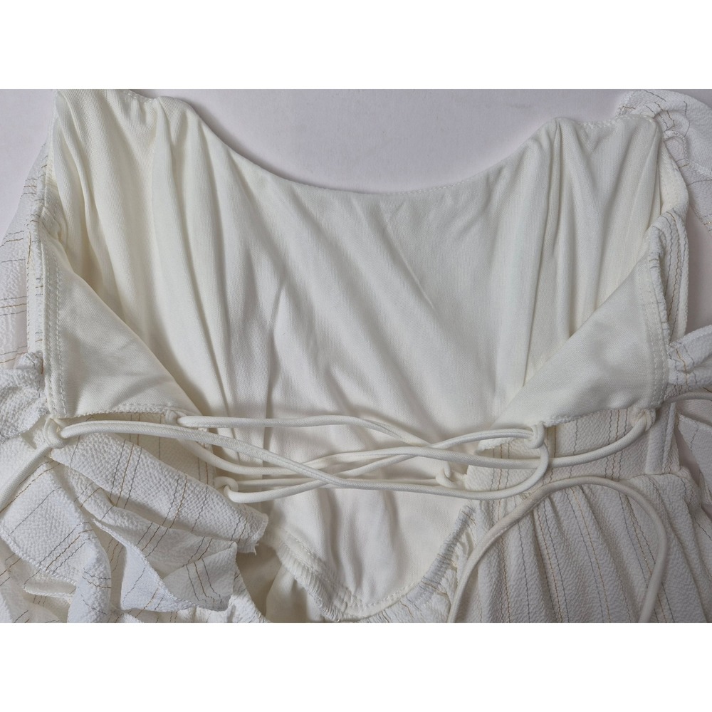 White Gold Pinstripe Ruffle Mini Dress Corset Lace Up Back Tie Strap Womens S - Picture 15 of 16